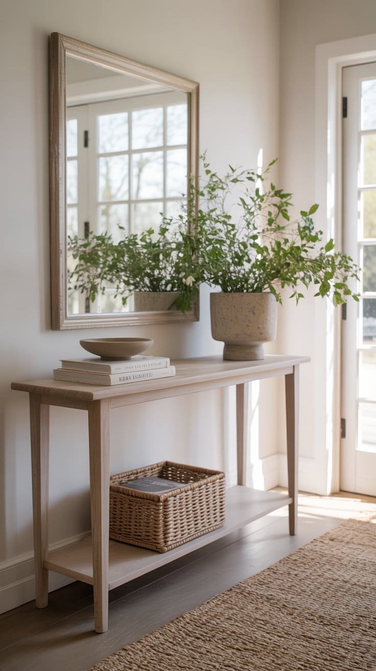 A bright entryway with spring entryway decor features a light wooden console table, a large mirror above, a potted leafy plant, stacked books, a decorative bowl, and a wicker basket. Sunlight streams through nearby glass doors.