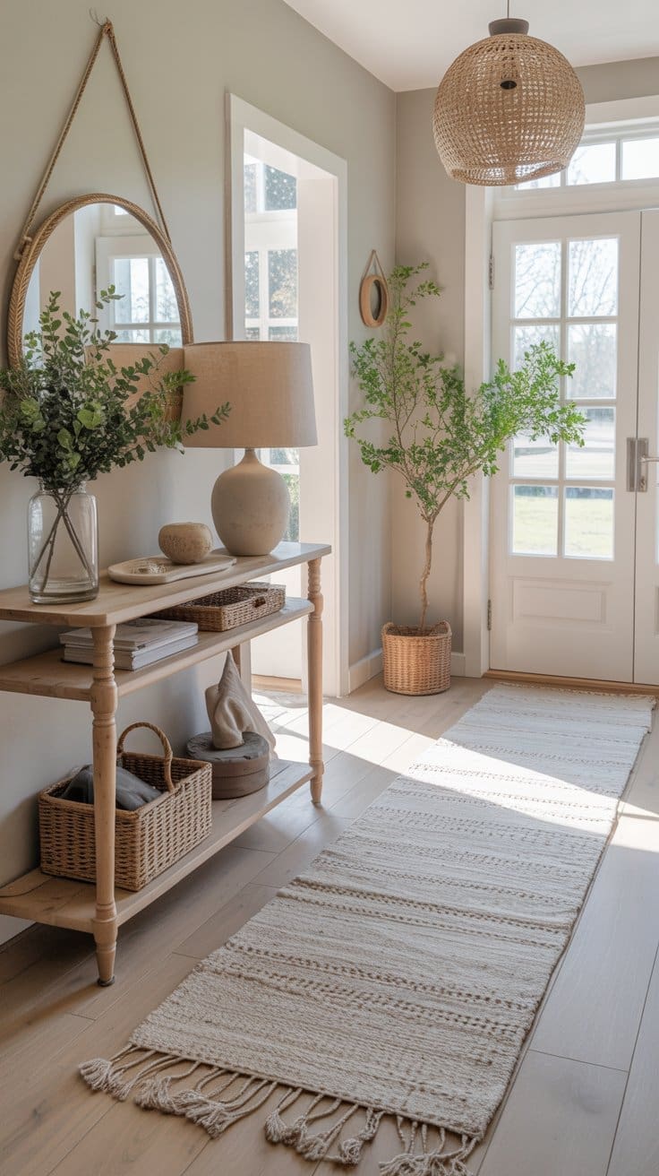 A bright, airy entryway with spring entryway decor—a wooden console table, lamp, baskets, vases with greenery, a round mirror, woven rug, and potted plant by glass double doors. Neutral and minimalist style lets sunlight fill the space.