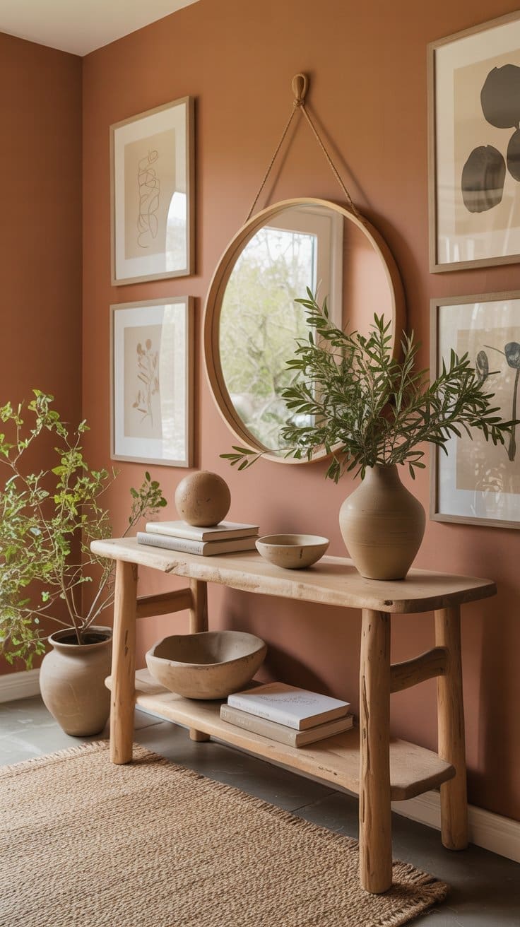 A wooden console table with pottery, books, and a plant stands against a terracotta-colored wall, decorated with framed minimalist art and a round mirror. A woven rug and greenery complete the cozy, modern spring entryway decor.