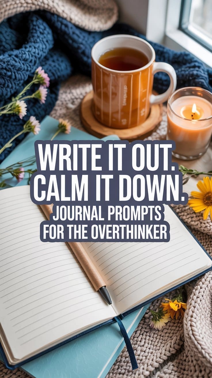 An open journal with a pen rests on a knitted blanket next to a cup of tea, a burning candle, and yellow flowers. Text overlay says, Write it out. Calm it down. Discover journal prompts to calm the mind for overthinkers.
