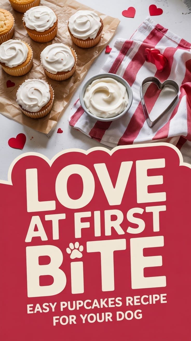 A display of pupcakes with white frosting, a bowl of icing, heart-shaped cookie cutter, and red hearts on a table. Text reads: Love at first bite. Easy pupcakes recipe for your dog.