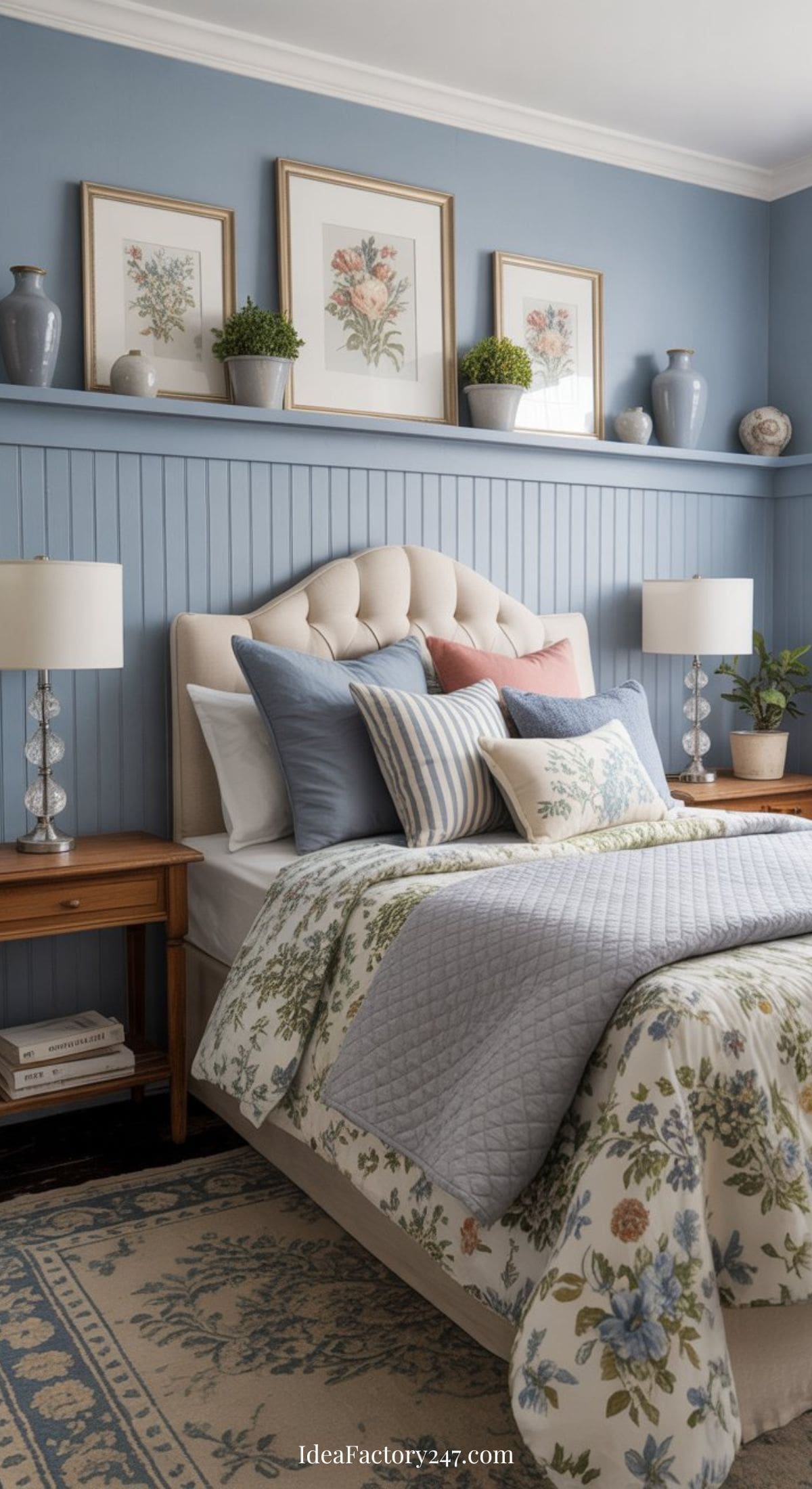A cozy bedroom with blue paneled walls, floral bedding, and throw pillows. The bed has a tufted headboard and wooden nightstands with lamps. Artwork and vases decorate a shelf above the bed. A rug with a floral pattern covers the floor.