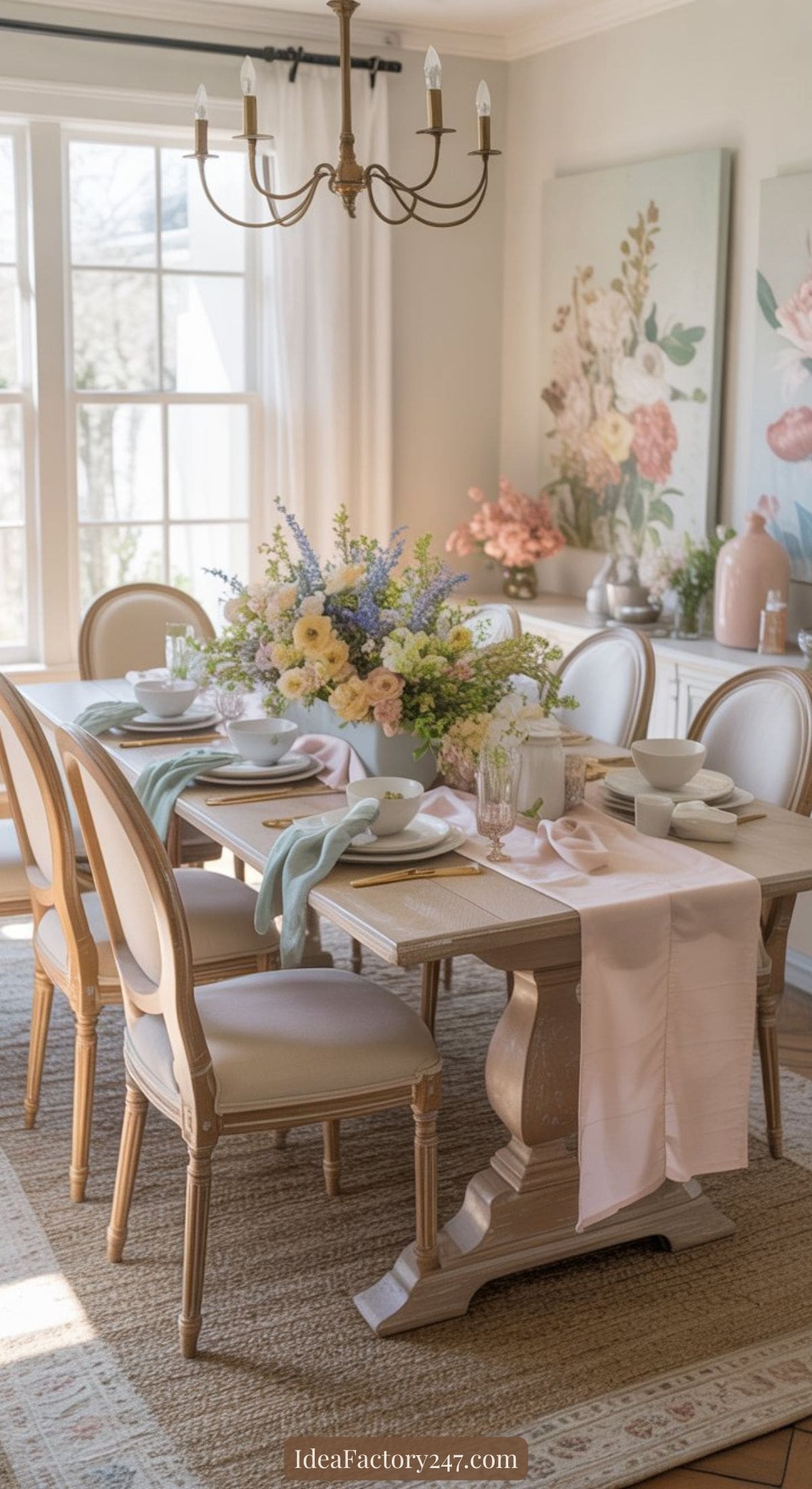 A bright dining room with a wooden table set for a meal, six upholstered chairs, pastel-colored table runners, floral centerpieces, and large windows letting in natural light. Floral artwork decorates the wall.