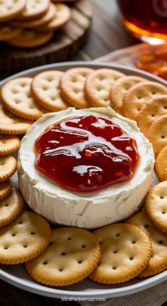 A round wheel of brie cheese topped with glossy red jam is surrounded by round buttery crackers on a plate, ready to be served as an appetizer.