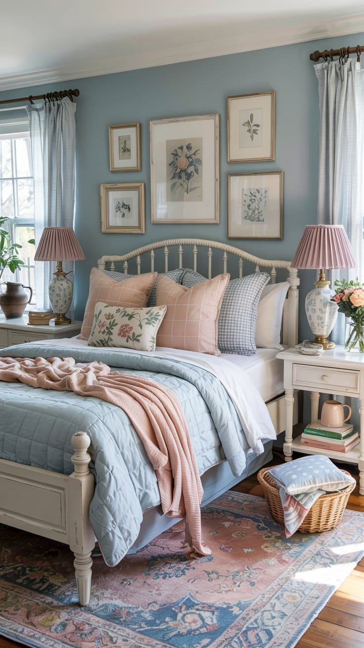 A cozy bedroom with a vintage white bed, pastel bedding, floral pillows, two nightstands with pink lamps, framed botanical prints on blue walls, a patterned rug, and a basket of books on the floor. Sunlight streams through the window.