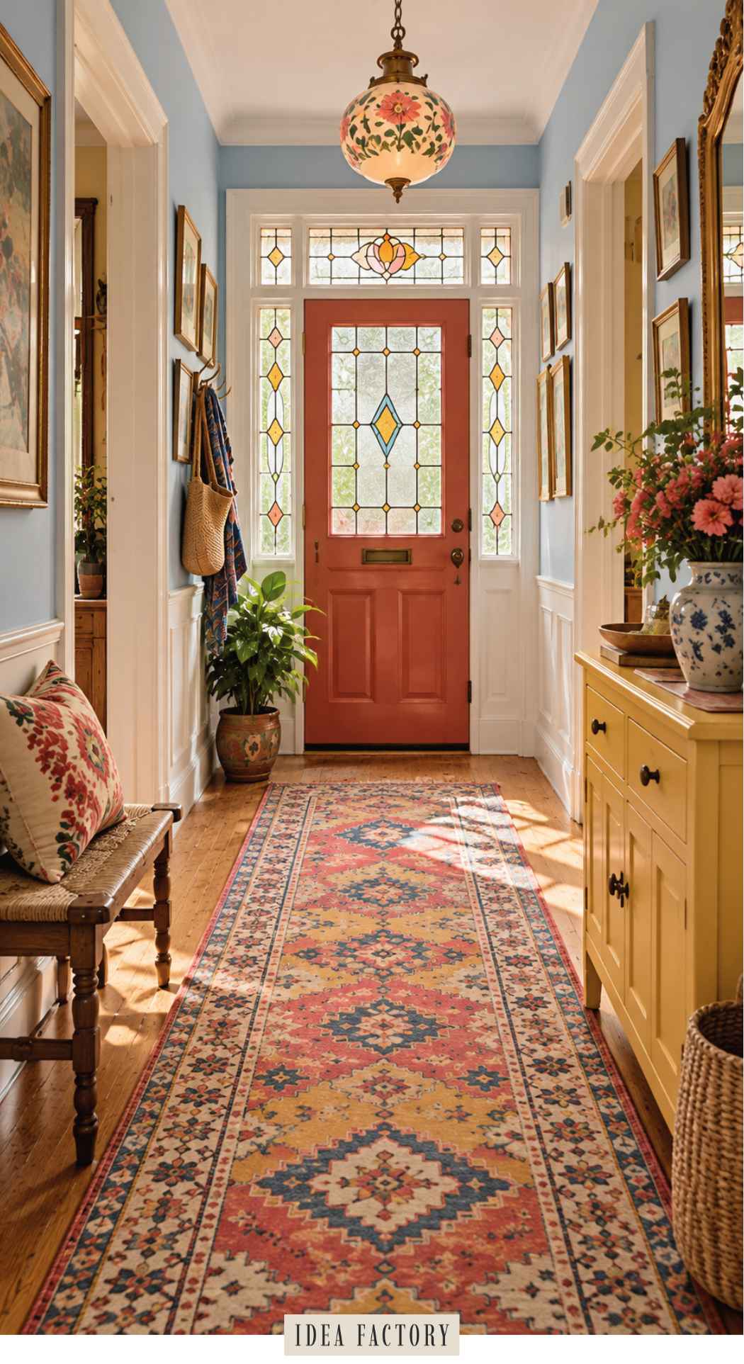 A colorful entryway featuring a hallway with a red front door with stained glass panels, a patterned runner rug, and a yellow sideboard holding a vase of flowers.