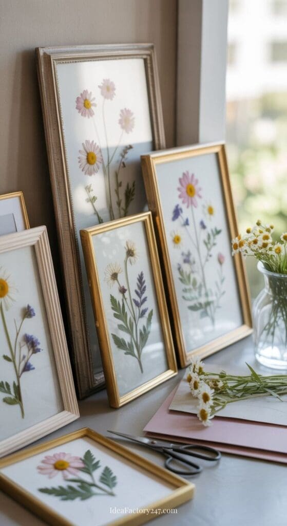Several framed botanical prints of pressed flowers, mostly daisies and wildflowers, are arranged on a windowsill and table. A small vase with fresh daisies, scissors, and pink paper are nearby in natural daylight.