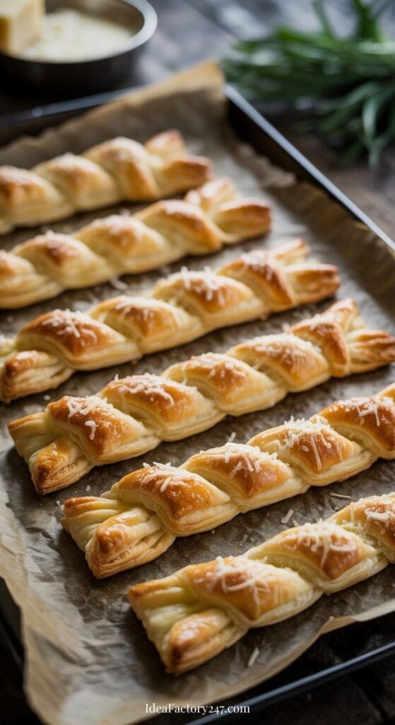 Golden, twisted puff pastry sticks topped with grated cheese are arranged neatly on a parchment-lined baking tray, ready to be served. Fresh herbs and butter can be seen blurred in the background.