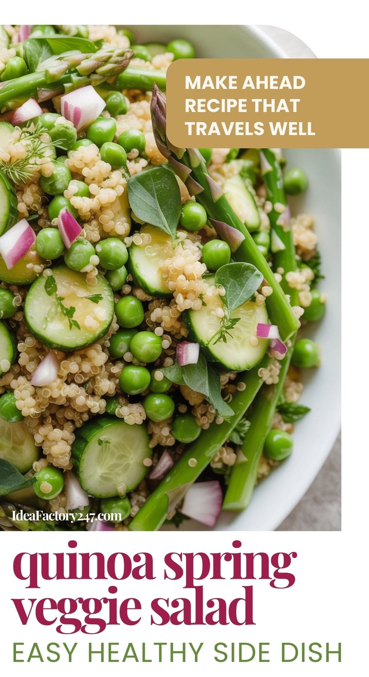 A bowl of quinoa spring veggie salad with peas, asparagus, cucumber, red onion, basil, and microgreens. Text reads: “Make ahead recipe that travels well. Quinoa spring veggie salad—an easy, healthy side dish.”.