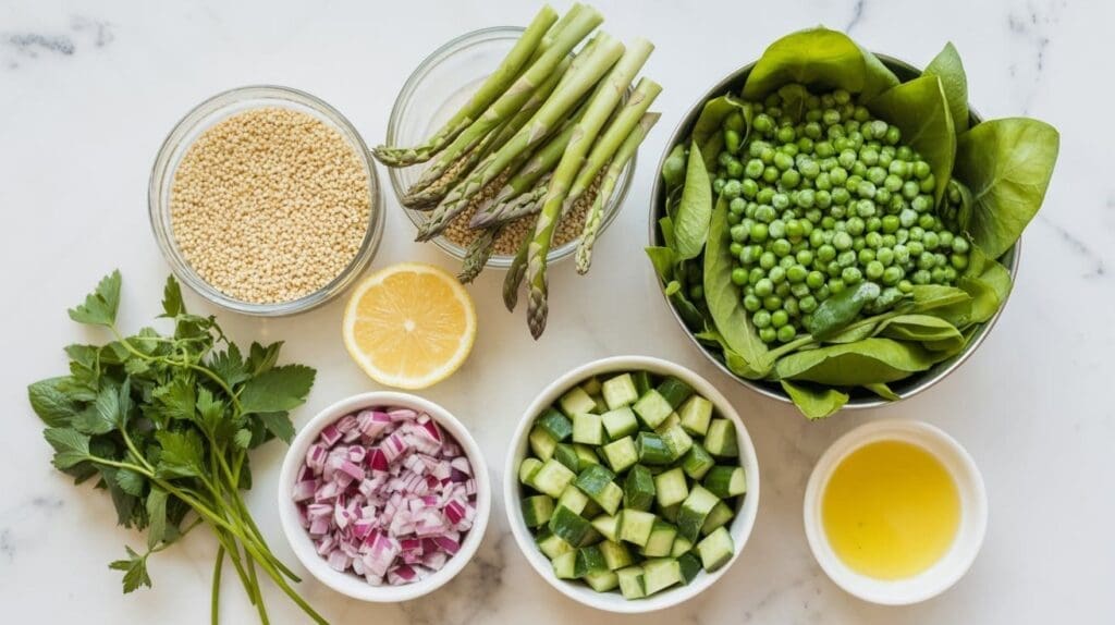 A vibrant quinoa spring veggie salad featuring uncooked quinoa, green peas, chopped cucumber, diced red onion, asparagus, leafy greens, fresh parsley, half a lemon, and a small bowl of olive oil on a white surface.