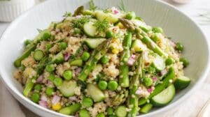 A bowl of quinoa spring veggie salad with asparagus, green peas, cucumber slices, chopped red onion, and fresh herbs, arranged in a white dish on a light table setting.