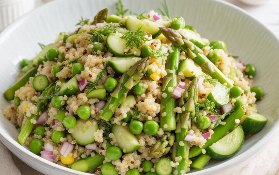 A bowl of quinoa spring veggie salad with asparagus, green peas, cucumber slices, chopped red onion, and fresh herbs, arranged in a white dish on a light table setting.