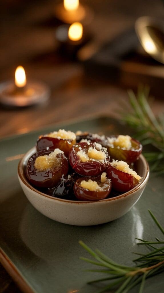 A small bowl of glazed dates filled with a light crumbly topping sits on a green plate. Soft candlelight and sprigs of rosemary decorate the rustic wooden table in the background.