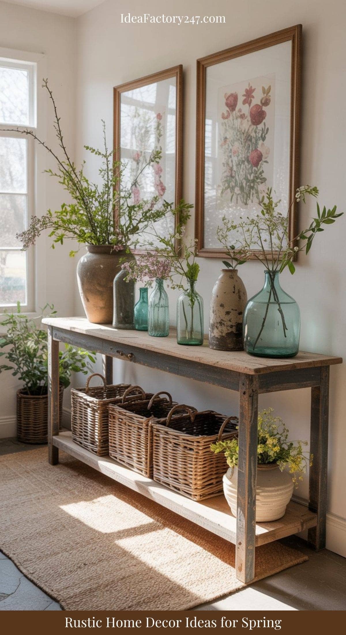 A rustic wooden table displays vases with spring flowers and greenery, wicker baskets underneath, and two botanical prints on the wall, creating a bright, cozy entryway.