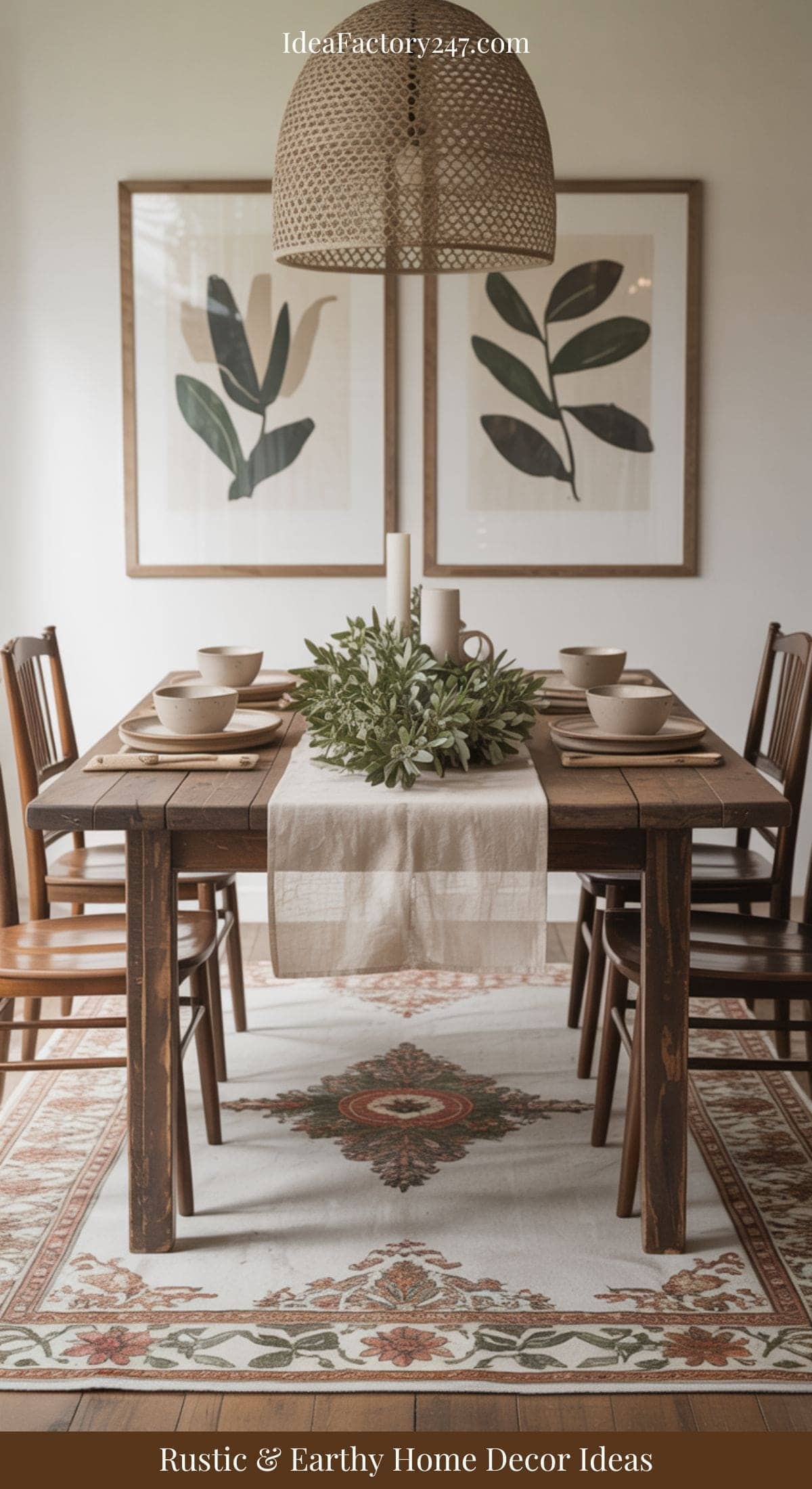 A rustic dining room with a wooden table set for six, neutral dishware, a linen runner with greenery, wooden chairs, a woven pendant light, botanical wall art, and an earth-toned rug beneath the table.