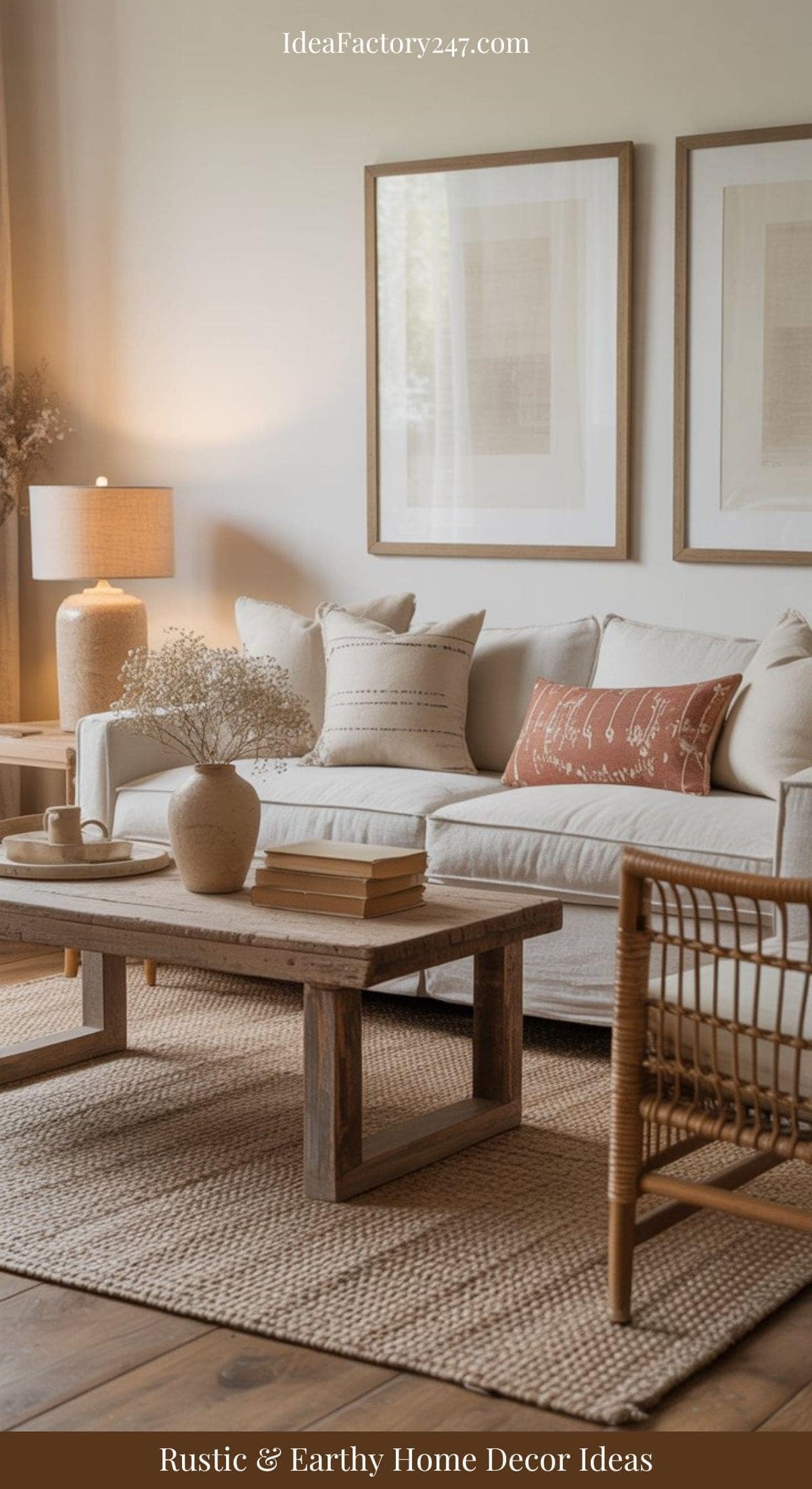 A cozy living room with a neutral beige sofa, soft pillows, a wooden coffee table, a wicker chair, warm lighting, and minimal rustic decor in earthy tones, featuring framed art and dried flowers.