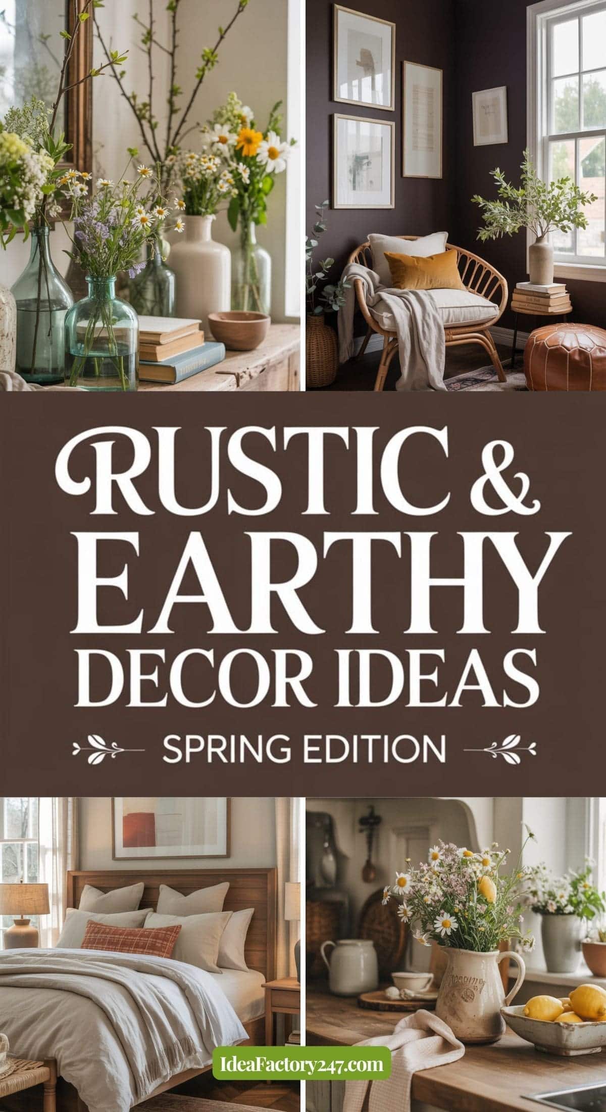A collage showcases rustic and earthy decor ideas with fresh flowers, wooden furniture, cozy textiles, natural light, and neutral tones. Text reads: Rustic & Earthy Decor Ideas, Spring Edition.