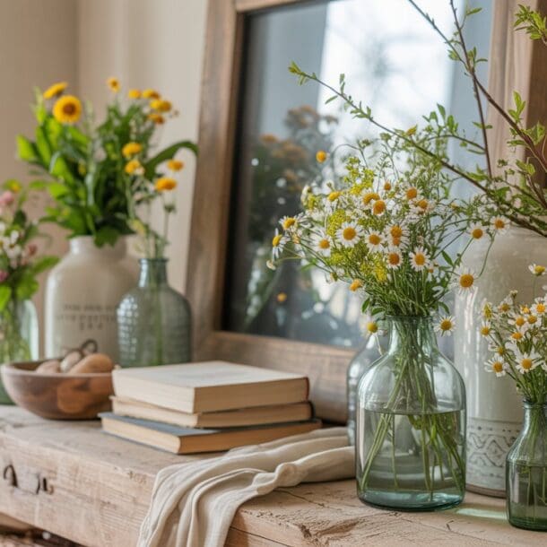 A rustic wooden table decorated with glass vases of wildflowers, a bowl of eggs, stacked books, a draped cloth, and a large framed mirror in the background. Soft natural light fills the cozy scene.