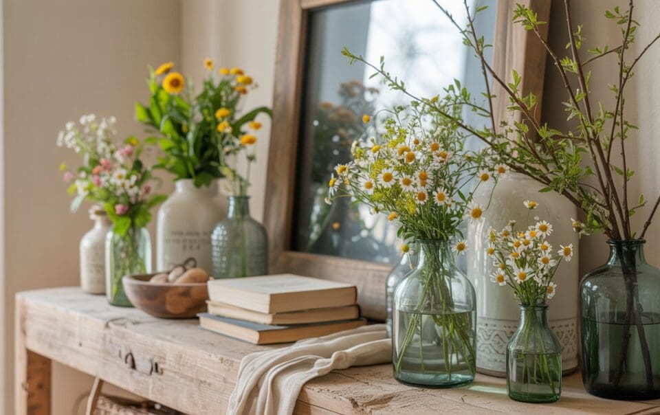 A rustic wooden table decorated with glass vases of wildflowers, a bowl of eggs, stacked books, a draped cloth, and a large framed mirror in the background. Soft natural light fills the cozy scene.