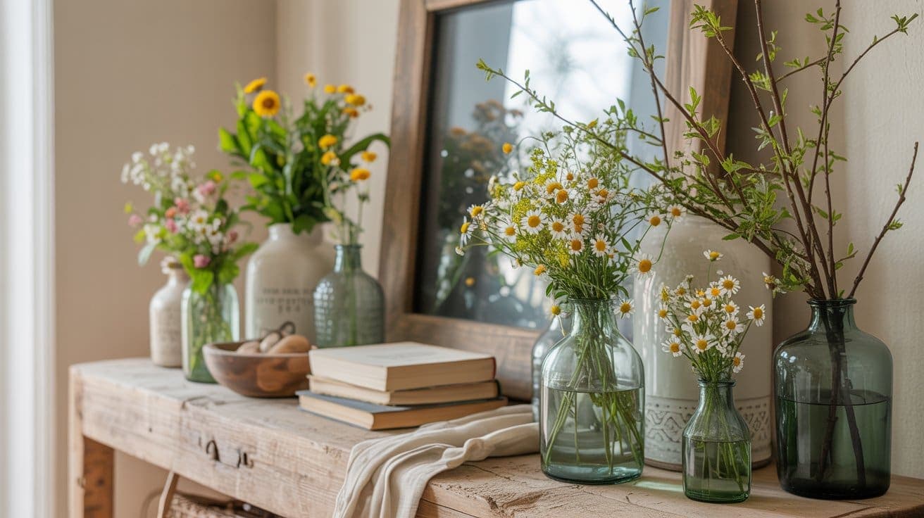 A rustic wooden table decorated with glass vases of wildflowers, a bowl of eggs, stacked books, a draped cloth, and a large framed mirror in the background. Soft natural light fills the cozy scene.