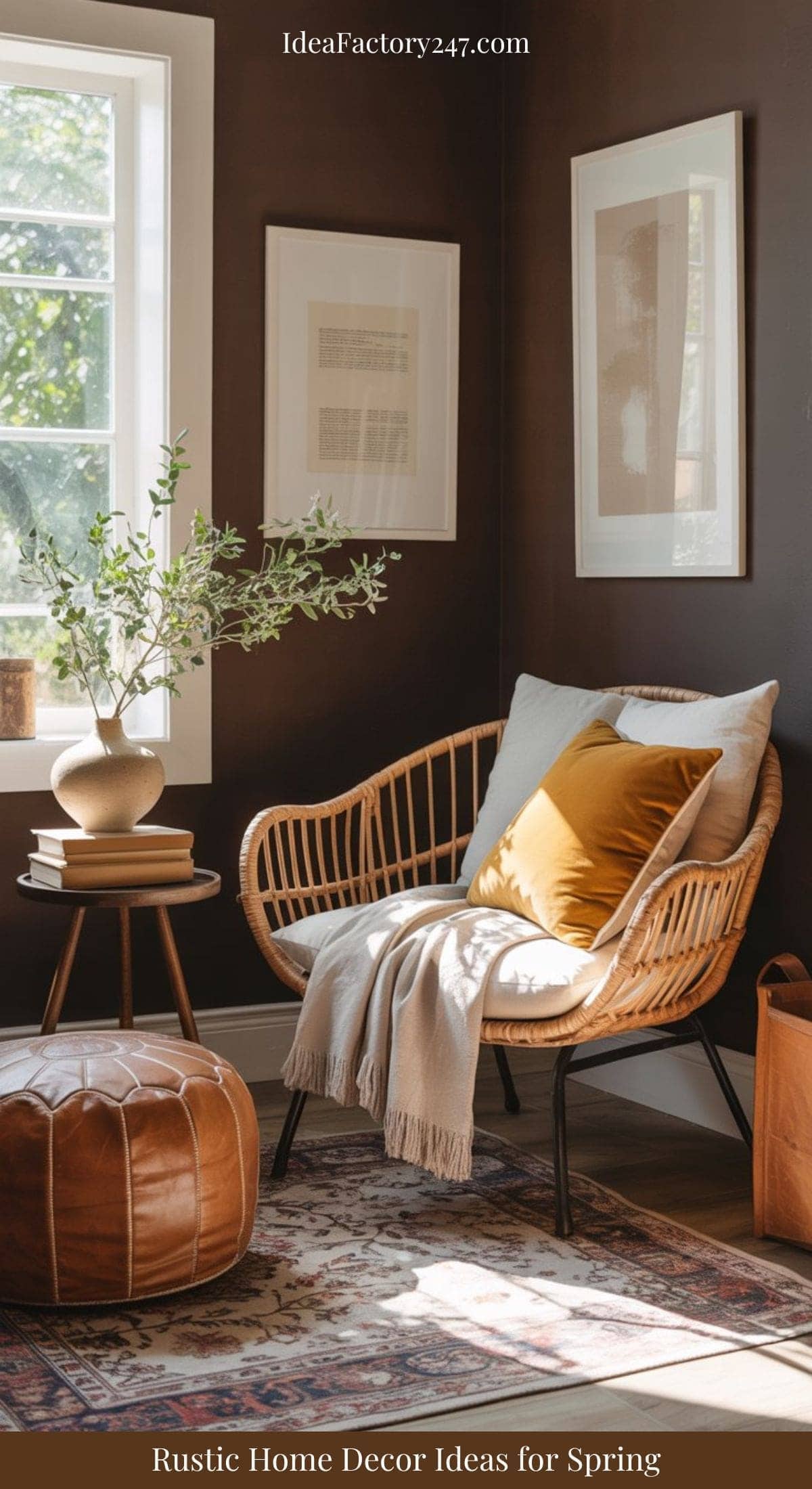 A cozy rustic living room corner with a rattan chair, mustard and beige pillows, a throw blanket, a leather pouf, framed art on brown walls, and a sunlit window with a potted plant on a stack of books.