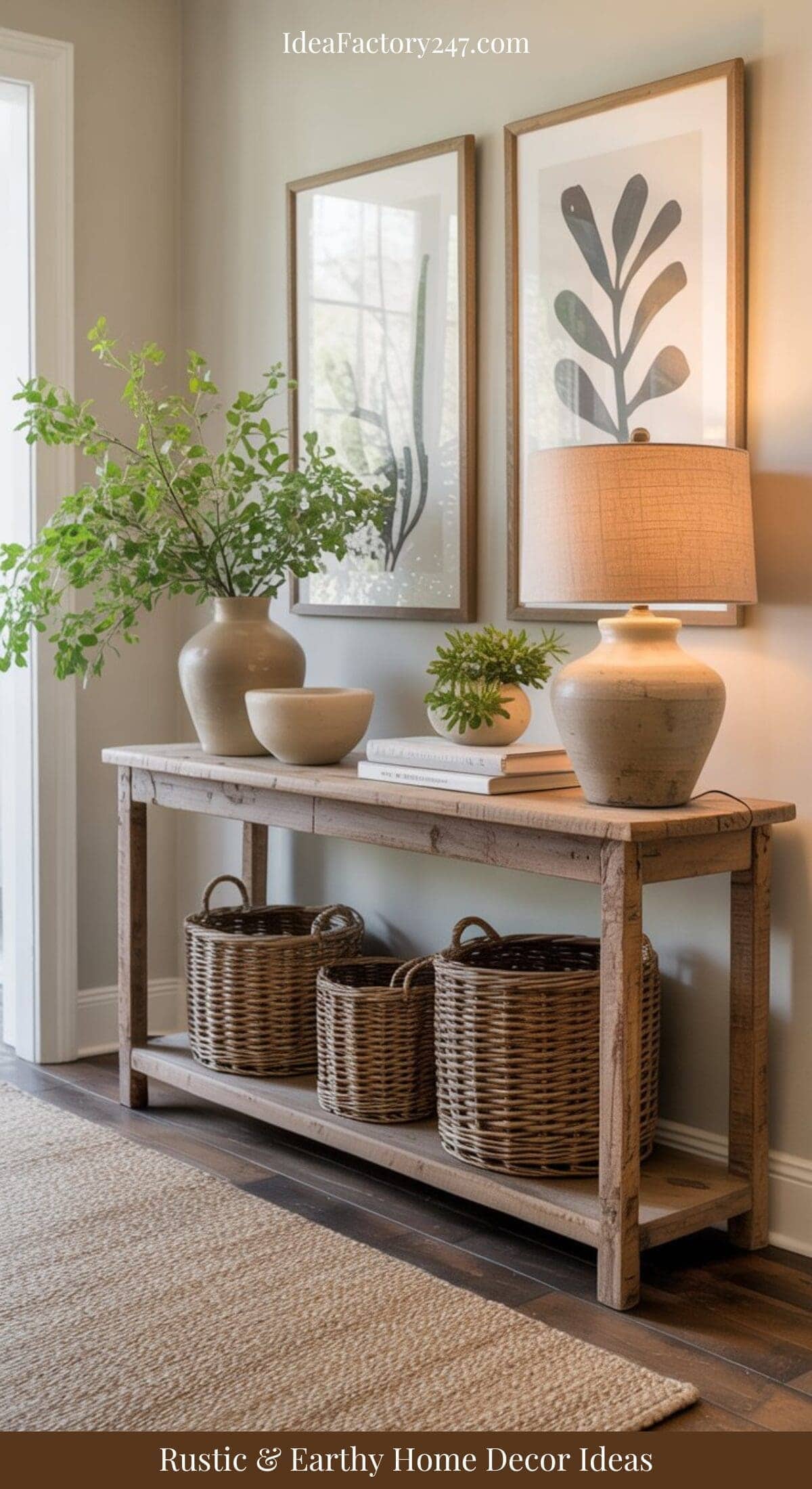 A rustic wooden console table with woven baskets, ceramic vases, a green plant, and a beige lamp sits against a wall with two botanical prints, creating a cozy, earthy home decor look.