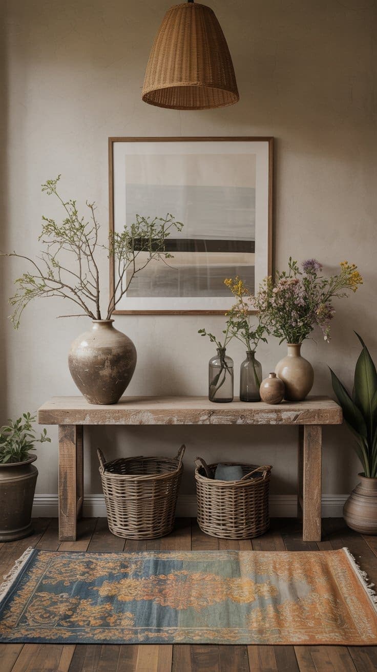 A rustic entryway features a wooden table with pottery, vases of flowers, baskets underneath, a framed landscape on the wall, a woven pendant light, potted plants, and a patterned rug on wooden flooring.