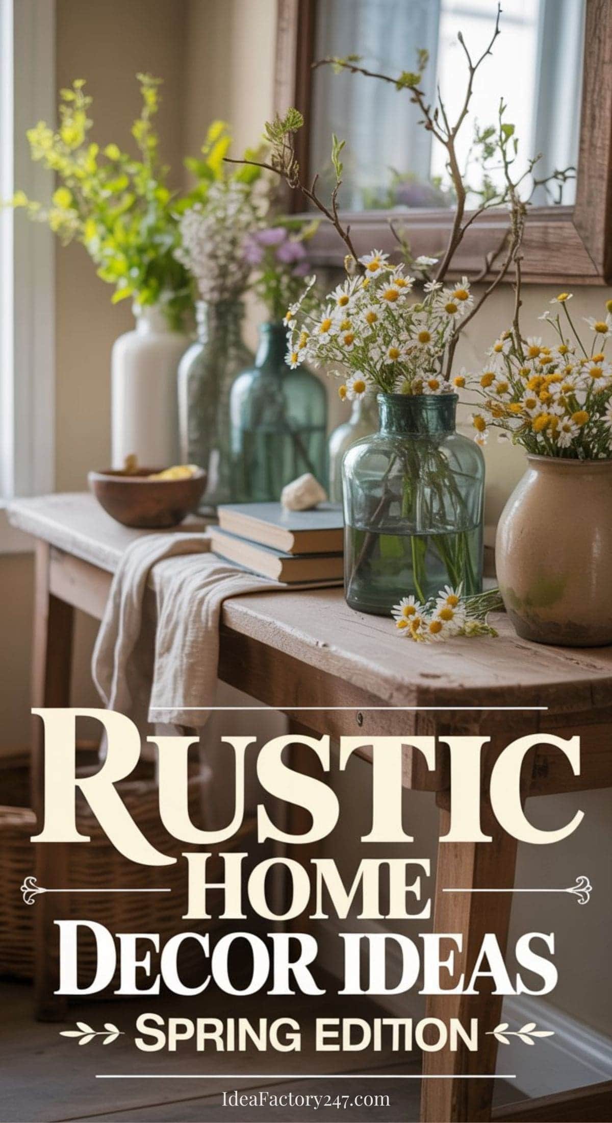 A wooden table holds glass vases with wildflowers, books, and a wooden bowl beneath a mirror. Text reads: Rustic Home Decor Ideas, Spring Edition. The setting feels cozy and inviting with a natural, rustic style.