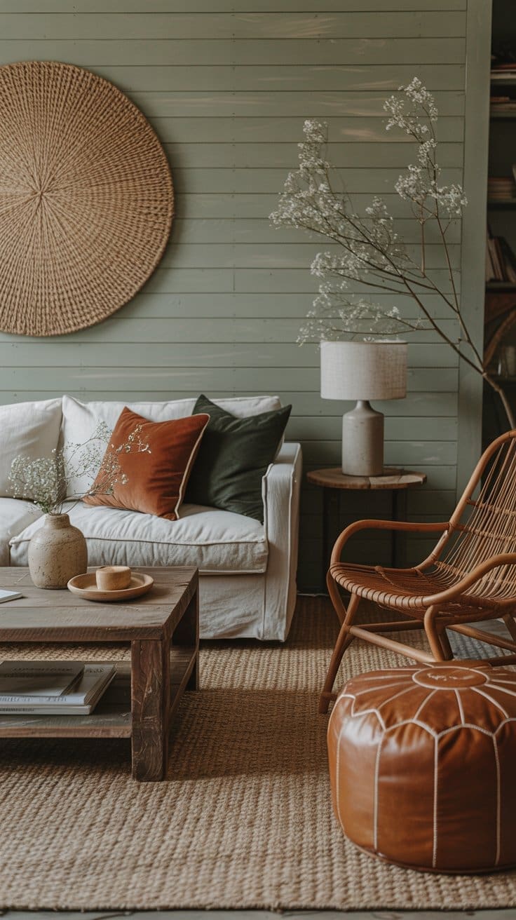 A cozy sage green living room with a white sofa, earthy throw pillows, a rattan chair, brown leather pouf, wooden coffee table, woven wall decor, side table with lamp, and neutral rustic decor against shiplap walls.