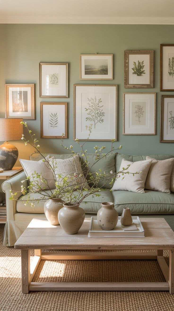A cozy sage green living room features a green sofa, neutral cushions, and a wooden coffee table with ceramic vases. Botanical prints in wooden frames fill the sage green wall behind the sofa as warm sunlight brightens the space.