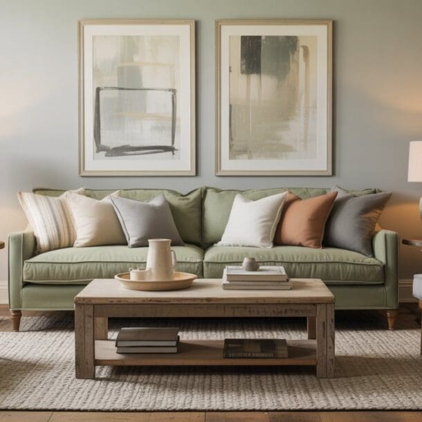 A cozy sage green living room with a green sofa, neutral-toned throw pillows, two armchairs, a wooden coffee table, matching table lamps, abstract wall art, and soft lighting creates a warm, inviting atmosphere.