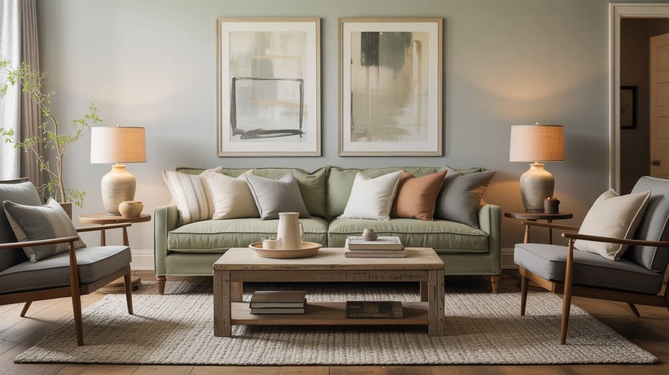 A cozy sage green living room with a green sofa, neutral-toned throw pillows, two armchairs, a wooden coffee table, matching table lamps, abstract wall art, and soft lighting creates a warm, inviting atmosphere.
