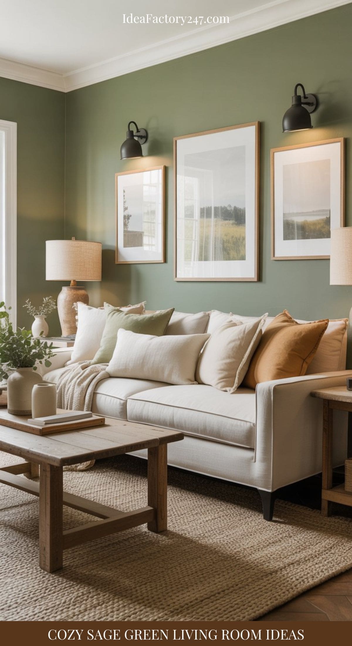 A cozy sage green living room with beige sofa, wooden coffee tables, framed landscape art, wall sconces, large windows, and woven rug, featuring warm natural tones and soft lighting for a welcoming ambiance.