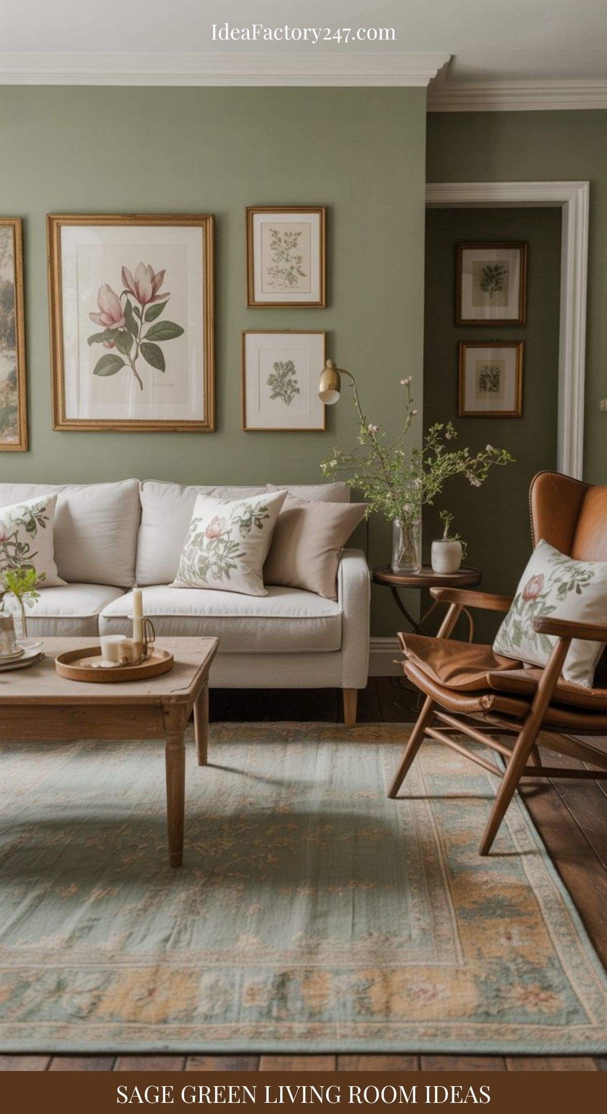 A cozy sage green living room with cream sofa and floral pillows, wooden coffee table, armchair, botanical wall art, and a light vintage rug. Greenery in vases adds a fresh touch. Text reads: Sage Green Living Room Ideas.