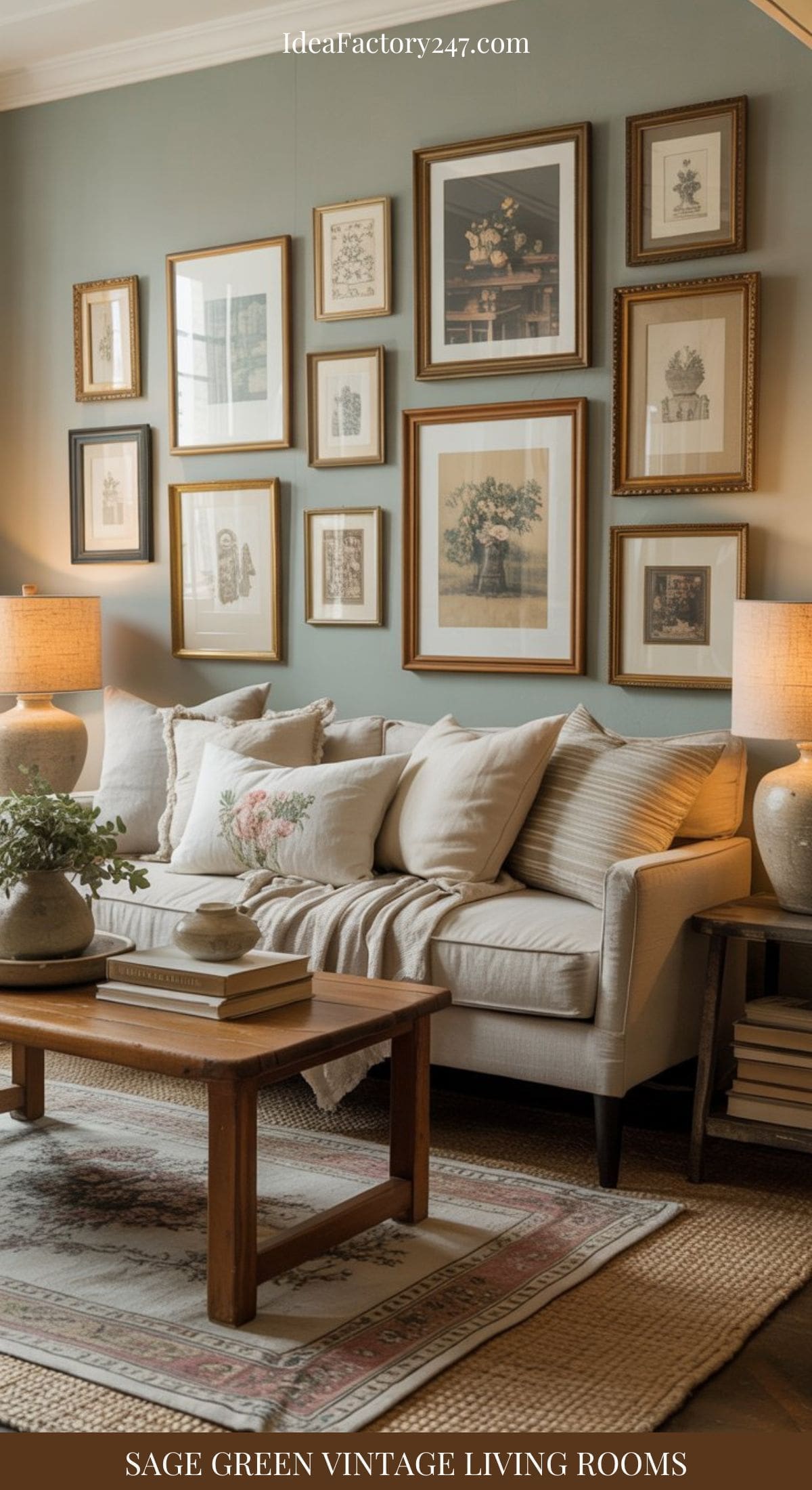 A cozy sage green living room with a beige sofa, white cushions, wooden coffee table, two lamps, and a gallery of framed vintage art. Books and a vase of greenery decorate the table. Text reads: SAGE GREEN VINTAGE LIVING ROOMS.