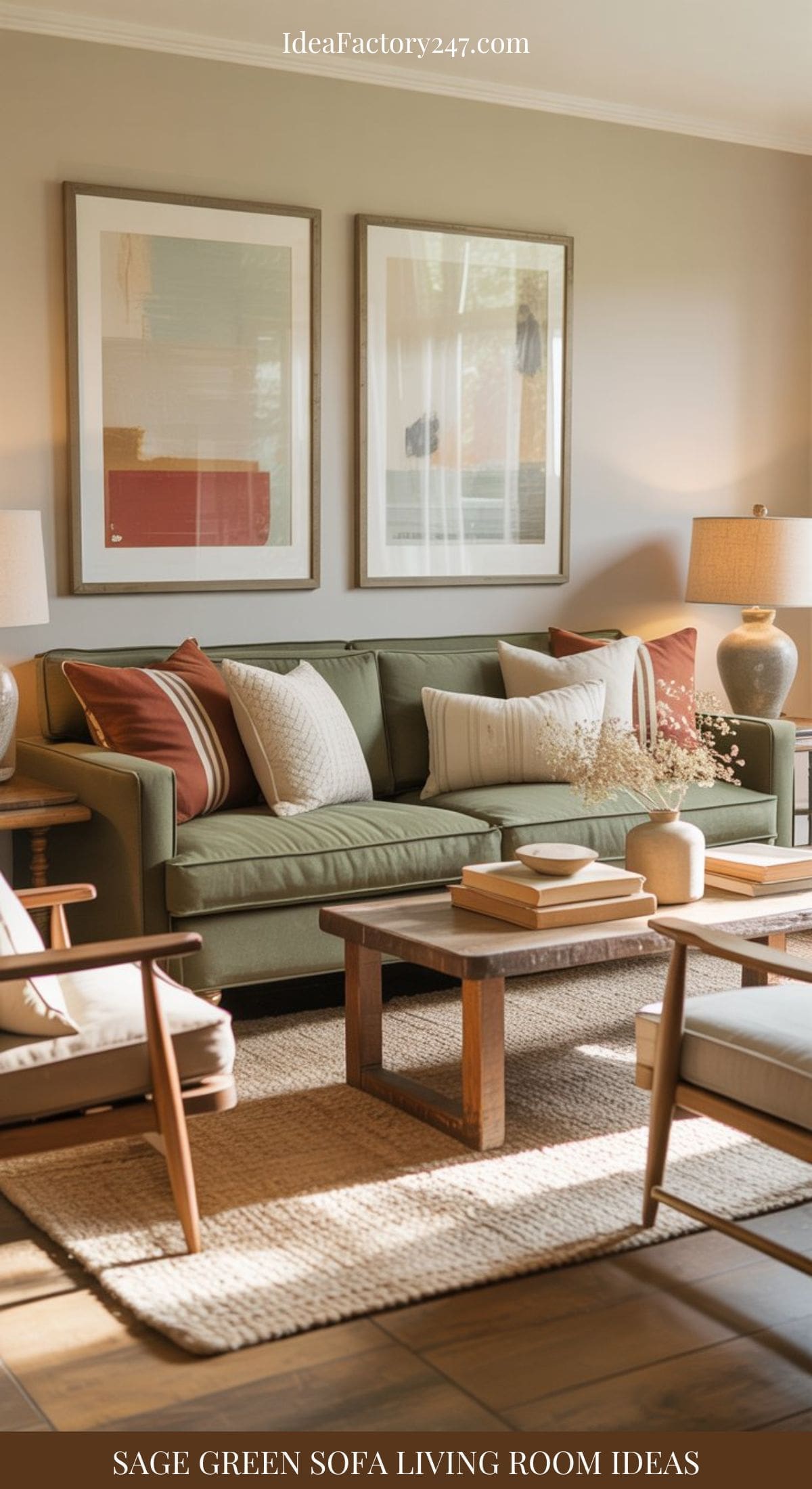A sage green living room features a cozy, modern aesthetic with a sage green sofa, neutral and rust-colored pillows, wooden coffee table, light armchairs, woven rug, framed wall art, and two table lamps for warmth and style.