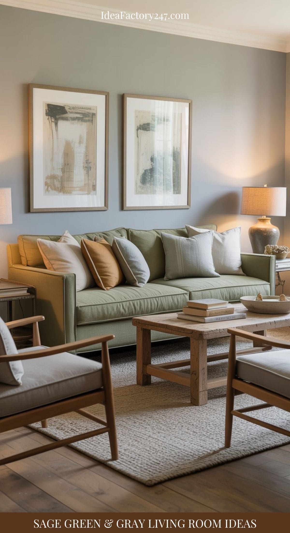 A modern sage green living room features a stylish sofa, gray and beige cushions, a wooden coffee table, neutral armchairs, abstract art on gray walls, and table lamps. Text reads: “SAGE GREEN & GRAY LIVING ROOM IDEAS.”.