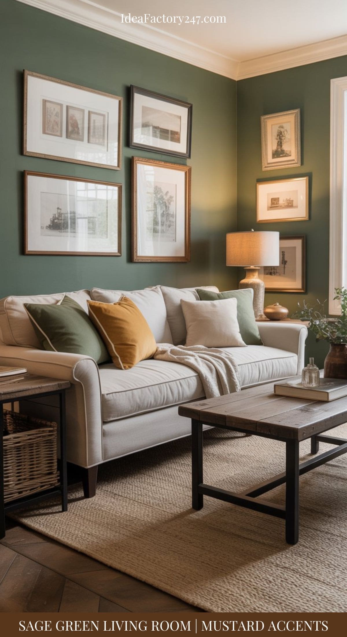 A cozy sage green living room with a light sofa adorned with green and mustard pillows, framed art on the wall, a woven rug, a wooden coffee table, and a table lamp creating a warm, inviting atmosphere.