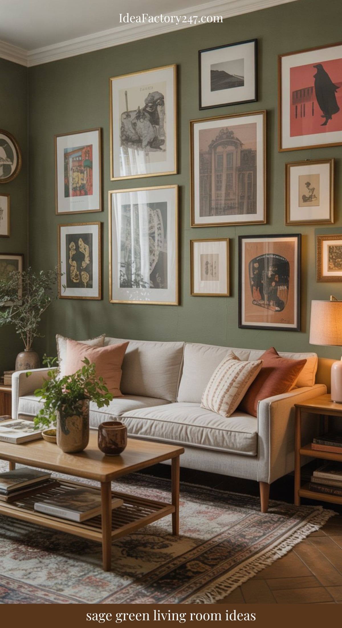 A cozy sage green living room features a cream sofa with pink and rust cushions, a wooden coffee table, patterned rug, lush plants, a table lamp, and a gallery wall. Text reads: sage green living room ideas.