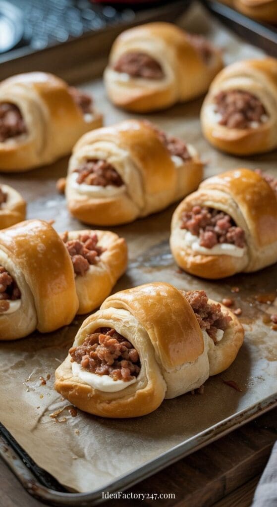 Golden-brown pastry rolls filled with diced cooked ham sit on a parchment-lined baking sheet, freshly baked and neatly arranged in rows.