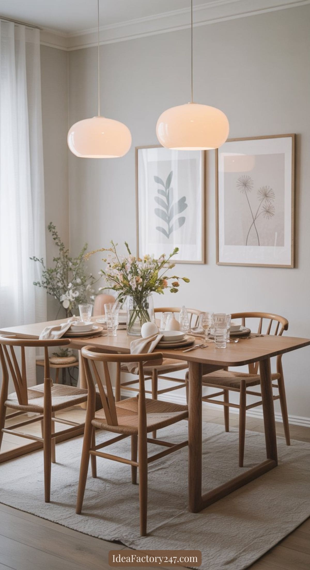 A modern dining room with a wooden table, matching chairs, floral centerpiece, glassware, and tableware. Two white pendant lights hang above. Minimalist artwork and light décor create a calm, inviting atmosphere.