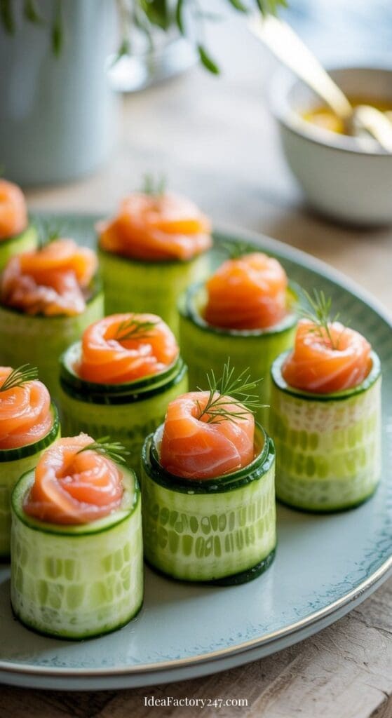 Slices of cucumber topped with swirls of smoked salmon and sprigs of dill, arranged neatly on a blue plate. A small bowl with a spoon is blurred in the background.