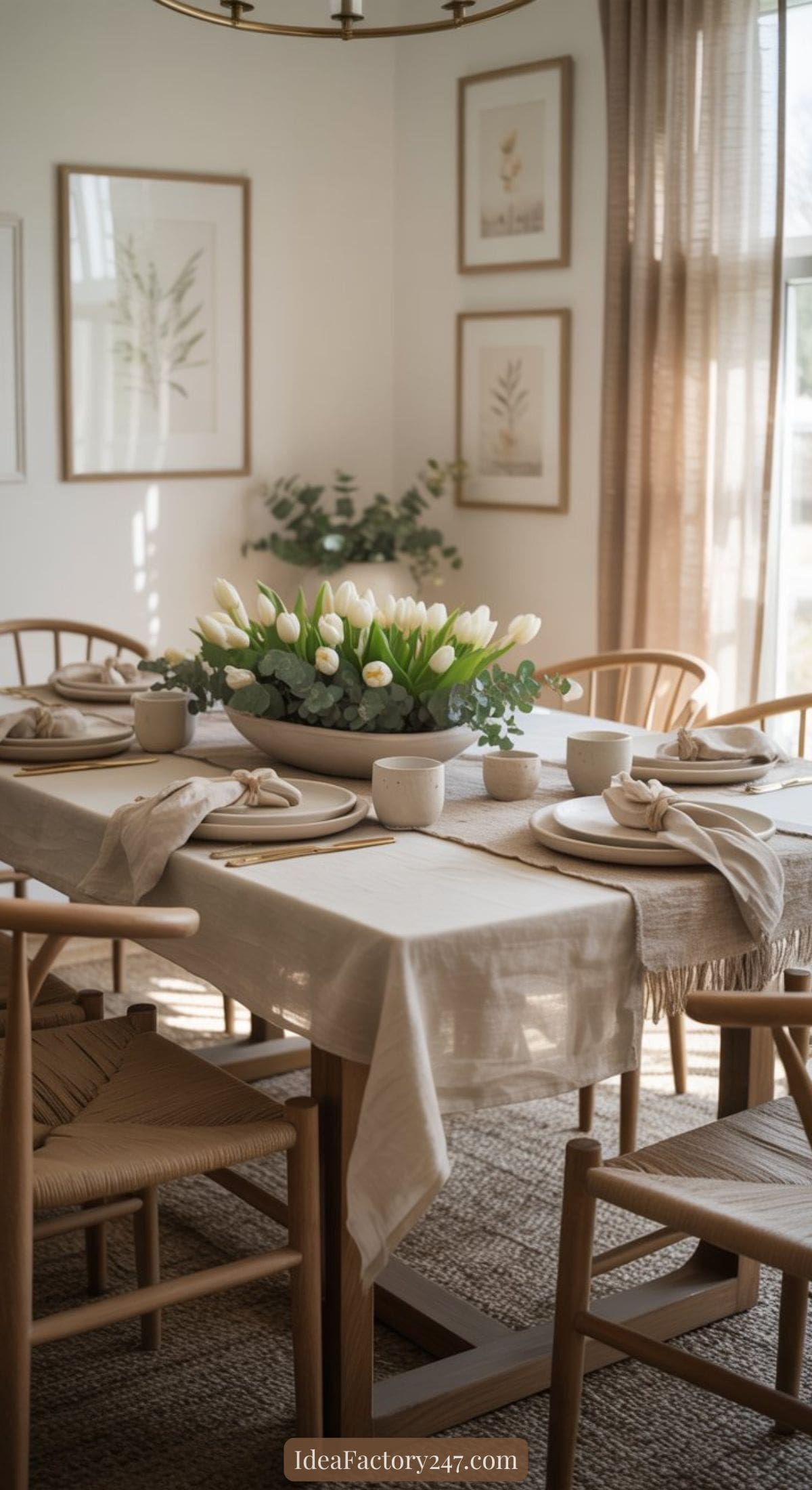 A cozy dining room with a wooden table set for four, neutral tablecloth, napkins, ceramic dishes, and a centerpiece of white tulips. Soft natural light, beige curtains, wooden chairs, and botanical wall art create a warm atmosphere.