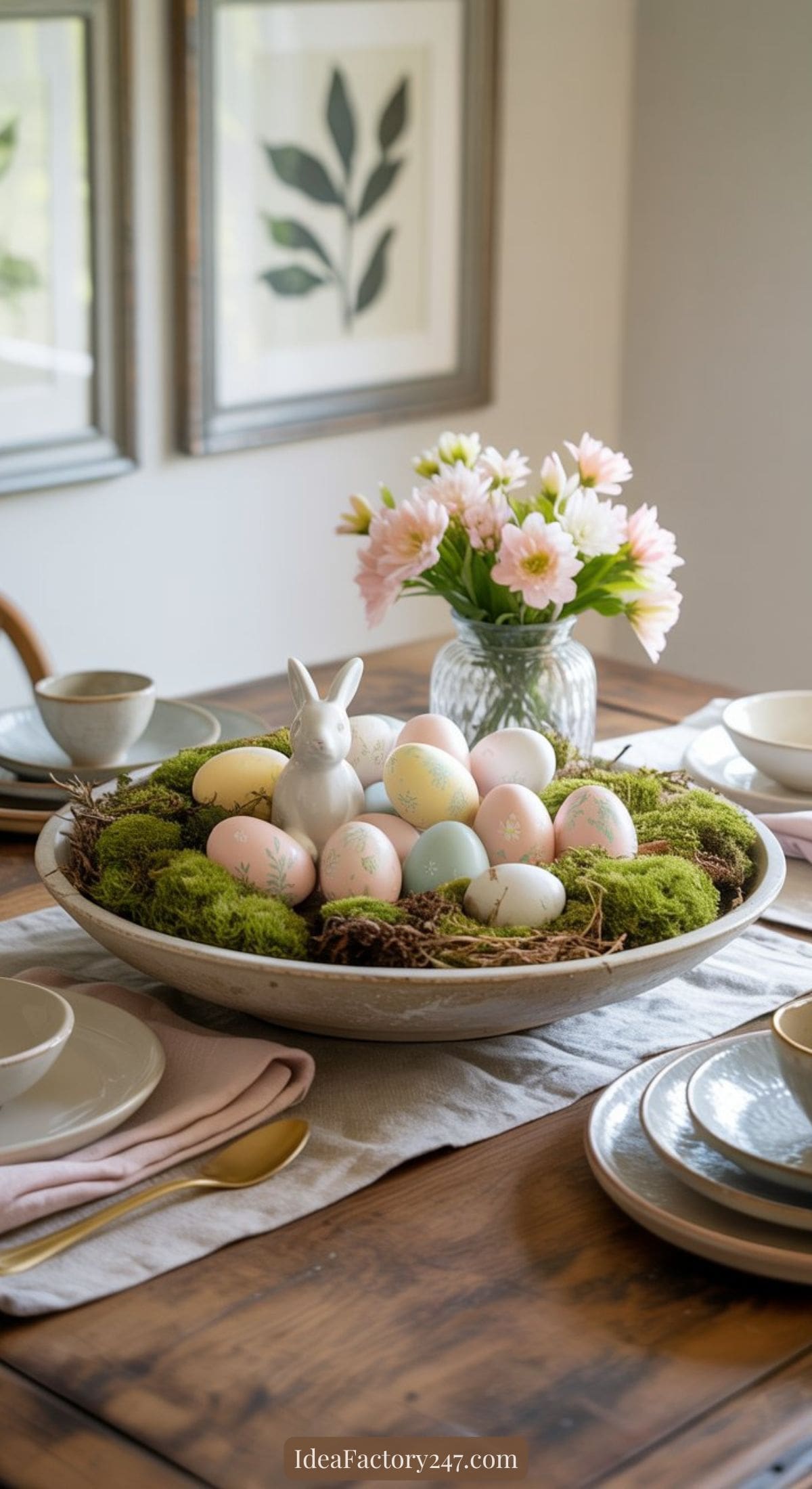A wooden dining table is set with plates and cutlery. At the center, a large bowl holds pastel-colored Easter eggs, moss, and a ceramic bunny. A vase of pink flowers is also on the table. Framed art hangs in the background.