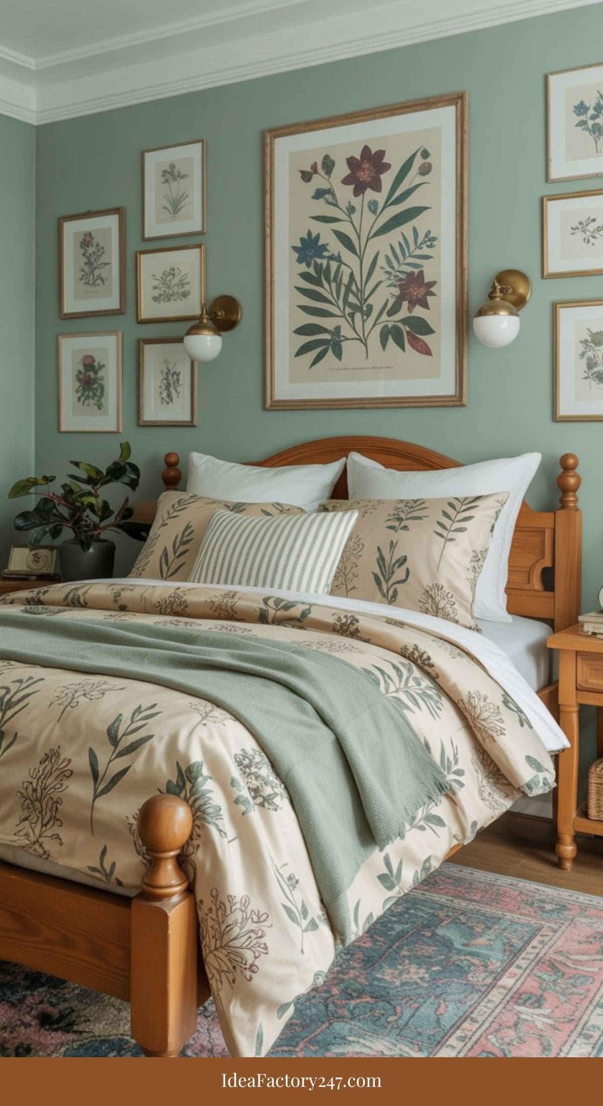 Cozy bedroom with a wooden bed, botanical-themed bedding in beige and green, matching green throw, light green walls, and framed botanical art above the bed. Nightstand with plants and soft lighting completes the decor.