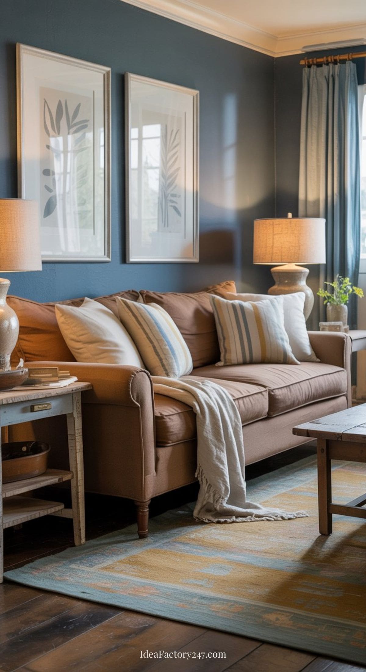 A cozy living room with a brown couch, striped cushions, light throw blanket, two side tables with lamps, framed botanical art on a blue wall, and a patterned rug on wooden floor. Sunlight streams through window curtains.