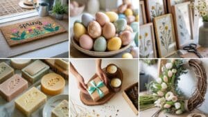 A collage of spring-themed items: a floral “spring” doormat, pastel Easter eggs in a bowl, framed botanical prints, embossed soaps, a gift box with candles, and a wreath with tulips and greenery.