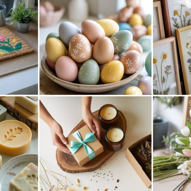 A collage of spring-themed items: a floral “spring” doormat, pastel Easter eggs in a bowl, framed botanical prints, embossed soaps, a gift box with candles, and a wreath with tulips and greenery.