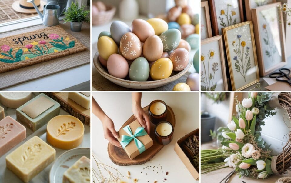 A collage of spring-themed items: a floral “spring” doormat, pastel Easter eggs in a bowl, framed botanical prints, embossed soaps, a gift box with candles, and a wreath with tulips and greenery.