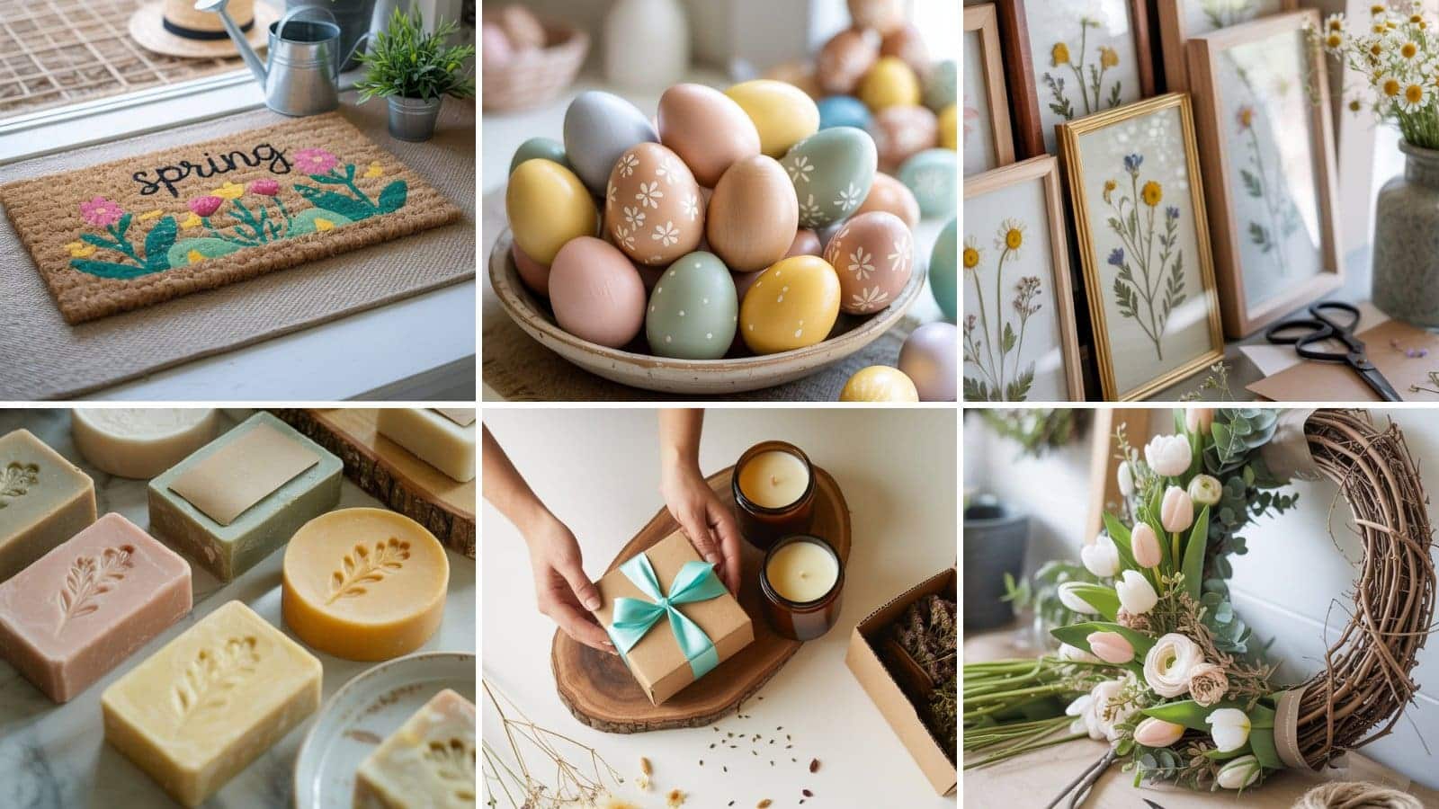 A collage of spring-themed items: a floral “spring” doormat, pastel Easter eggs in a bowl, framed botanical prints, embossed soaps, a gift box with candles, and a wreath with tulips and greenery.